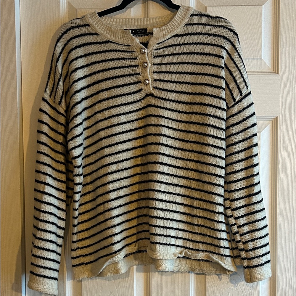 Striped Crew Neck Sweater with Button Detail